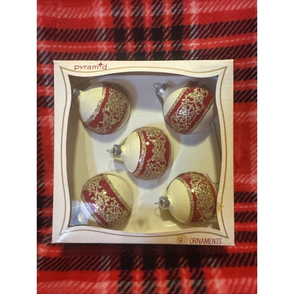 Vintage Pyramid Glitter Glass Ball Christmas Tree Ornaments Set of 5 Red White